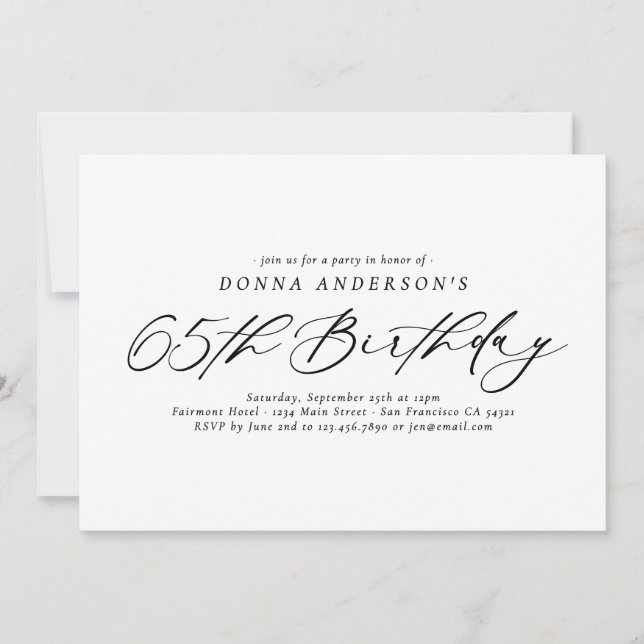 Invitation Élégant script de calligraphie 65e fête d'annivers (Devant)