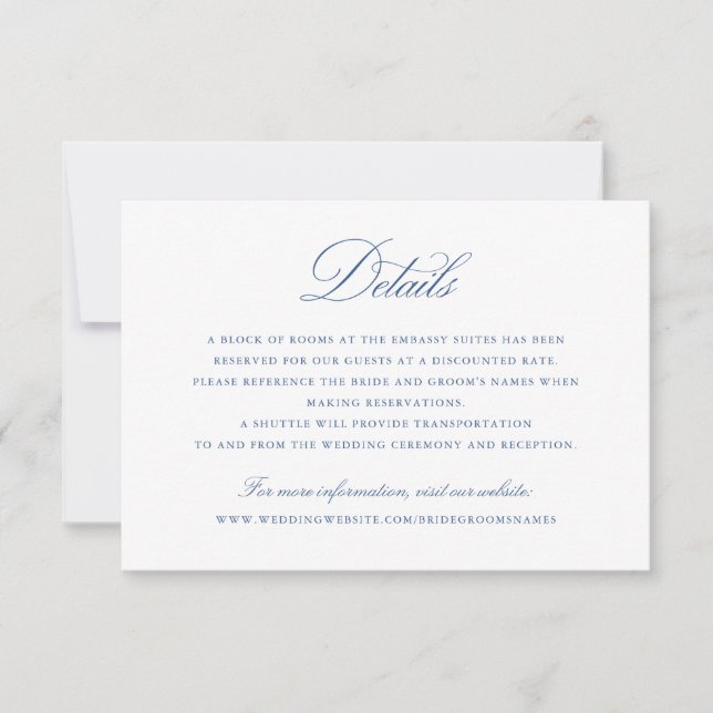 Invitation Élégant script de calligraphie bleu Détails du Mar (Devant)