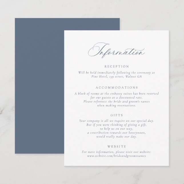 Invitation Élégant script de calligraphie Dusty Blue Info Mar (Devant / Derrière)