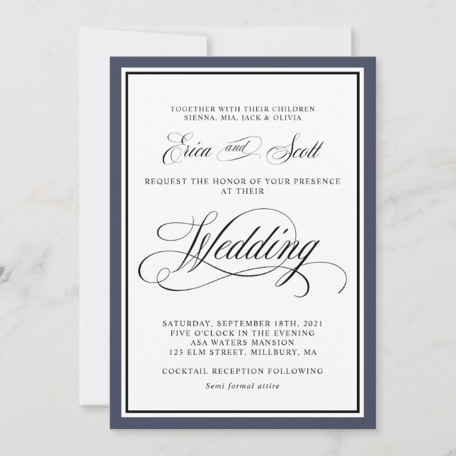 Invitation Élégant script de calligraphie Marine Blue Mariage (Devant)