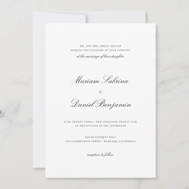 Invitation Élégant script de calligraphie simple Mariage blan (Devant)