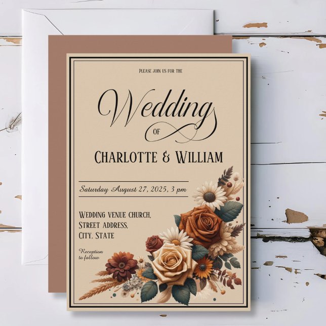 Invitation Élégant script de mariage Brown Floral (Créateur téléchargé)