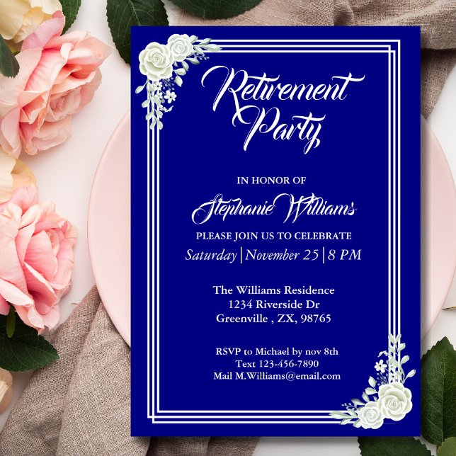 Invitation Élégant Script de retraite Bleu Rose blanche (Créateur téléchargé)