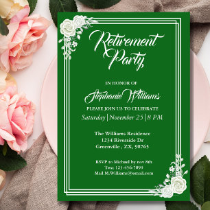 Invitation Élégant script de retraite Vert Rose blanche Parti