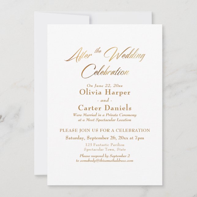 Invitation Élégant script d'or après la célébration Mariage (Devant)