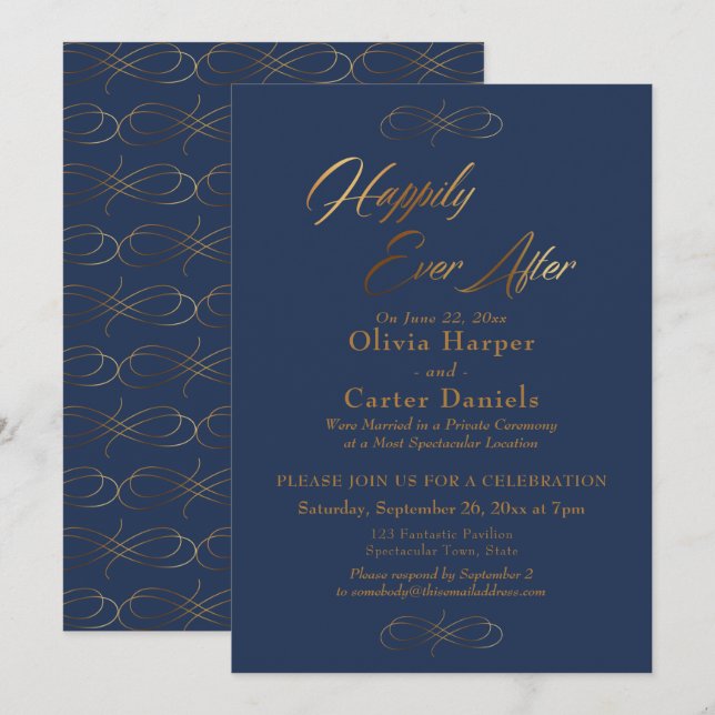 Invitation Élégant script d'or joyeusement après sur Navy (Devant / Derrière)