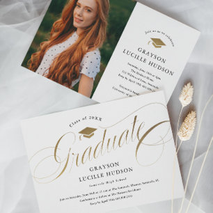Invitation Élégant script d'or photo Graduation