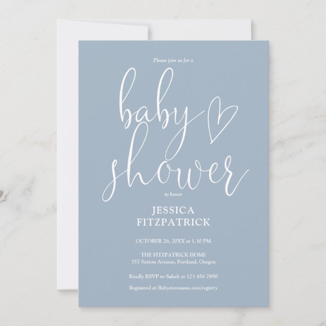 Invitation Élégant Script Dusty Baby shower bleu (Devant)