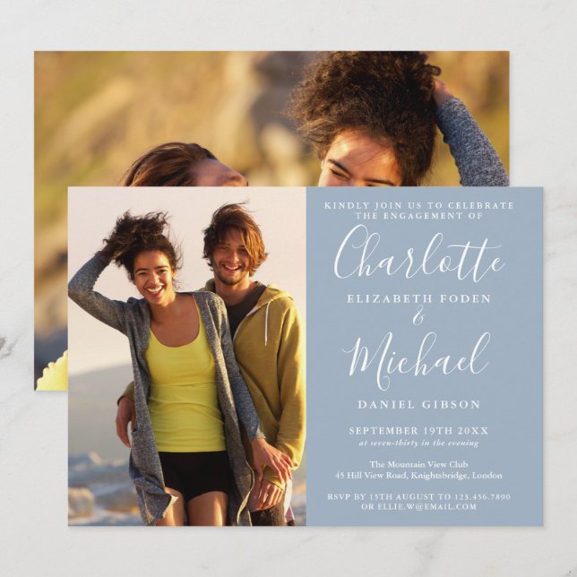 Invitation Élégant Script Dusty Blue 2 Photo Engagement Party (Devant / Derrière)