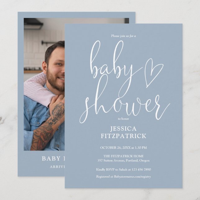 Invitation Élégant Script Dusty Blue Photo Baby shower (Devant / Derrière)