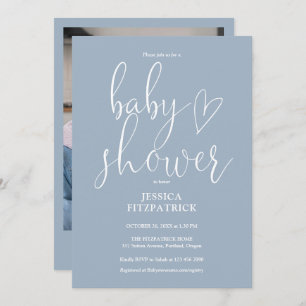 Invitation Élégant Script Dusty Blue Photo Baby shower