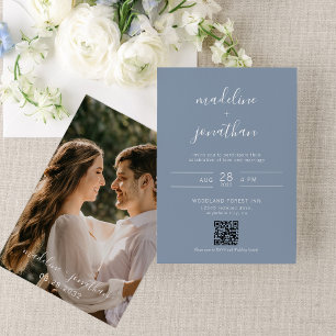 Invitation Élégant Script Dusty Blue Photo QR Code Mariage