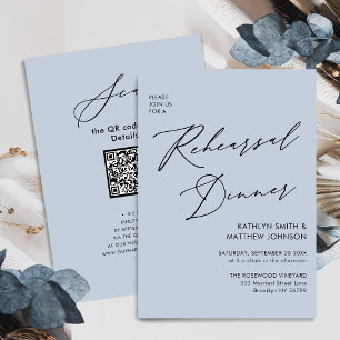 Invitation Élégant Script Dusty Blue Rehearsal Dîner QR