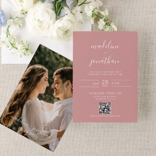 Invitation Élégant script Dusty Pink Photo QR Code Mariage