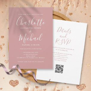 Invitation Élégant Script Dusty Rose moderne QR Code Mariage