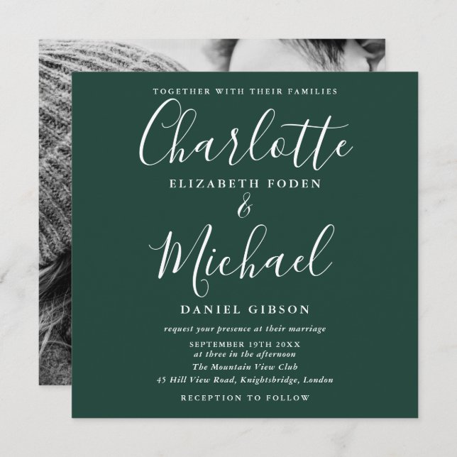 Invitation Élégant Script Emerald Green Mariage photo (Devant / Derrière)