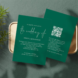 Invitation Élégant script Emerald Green QR Code Mariage