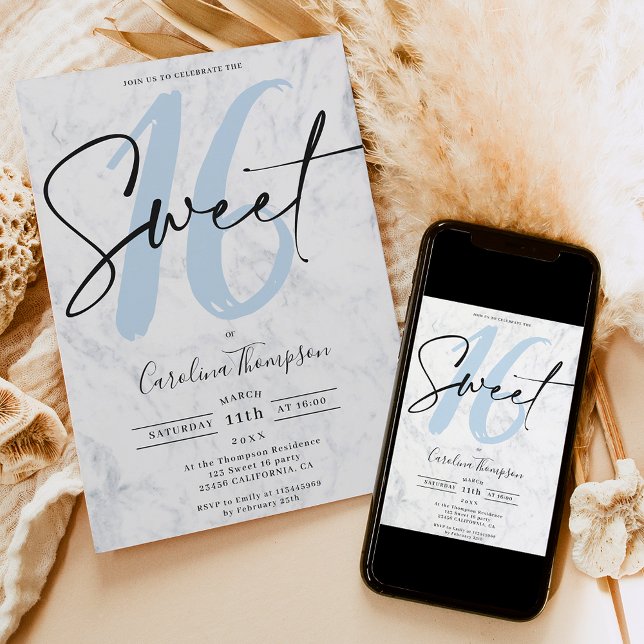 Invitation Élégant script en marbre blanc bleu photo Sweet 16 (Elegant white marble script blue photo Sweet 16 Invitation)