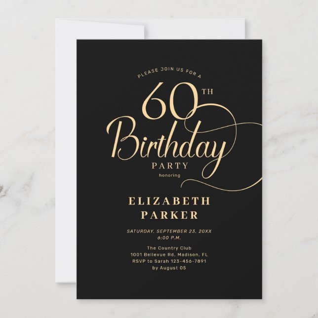 Invitation Élégant script en or noir simple 60e anniversaire (Devant)