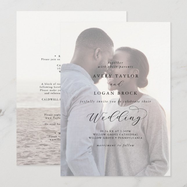 Invitation Élégant script Faded Photo Mariage avant et arrièr (Devant / Derrière)