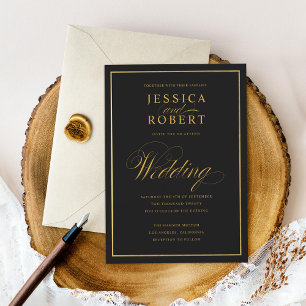 Invitation Élégant Script Faux Gold Bordure Mariage noir