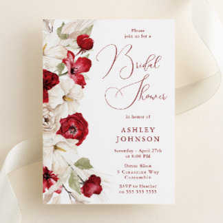 Invitation Élégant Script Fête des mariées florale rouge et b