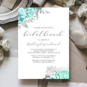 Invitation Élégant script floral Aqua Silver Bridal Brunch