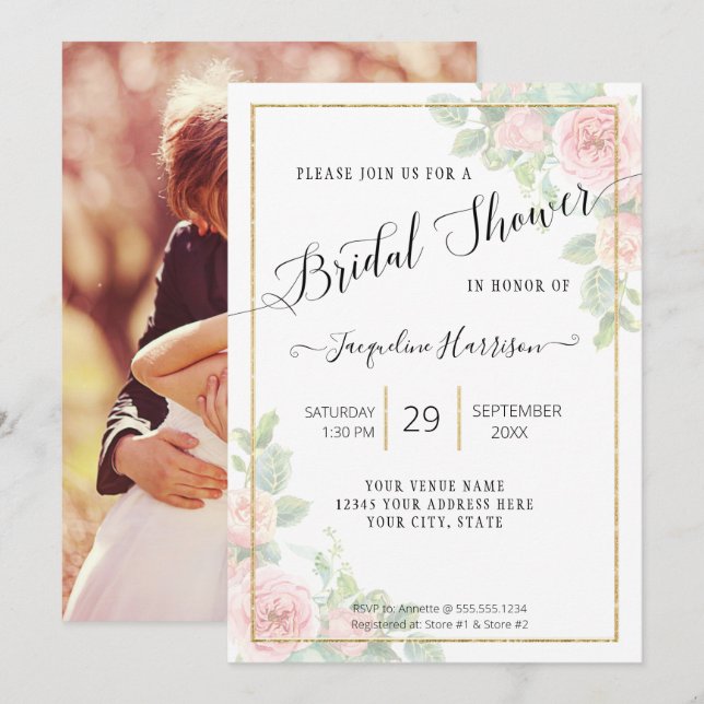 Invitation Élégant script floral rose n Fête des mariées or (Devant / Derrière)