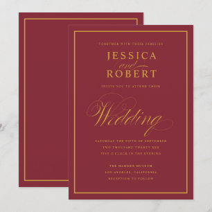 Invitation Élégant Script Gold Bordure Merlot Mariage Bourgog