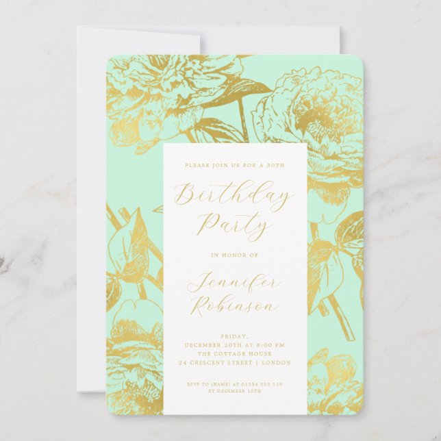 Invitation Élégant Script Gold Floral Birthday Party Mint (Devant)
