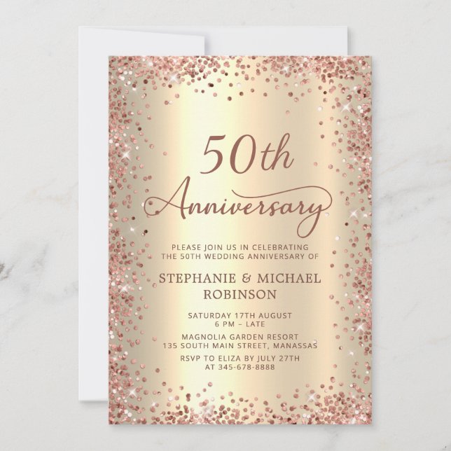 Invitation Élégant Script Gold Foil 50e anniversaire Mariage (Devant)