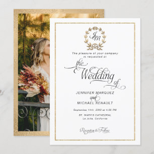 Invitation Élégant Script Gold Wreath Monogramme Mariage phot