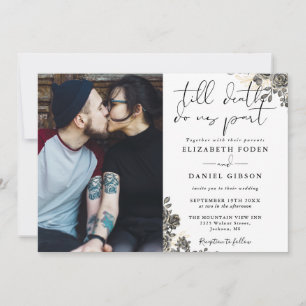Invitation Élégant Script Gothique Roses Floral Photo Mariage