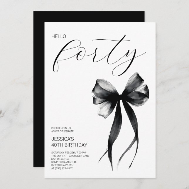 Invitation Elegant Script Hello Forty Bow 40th Birthday Party (Devant / Derrière)