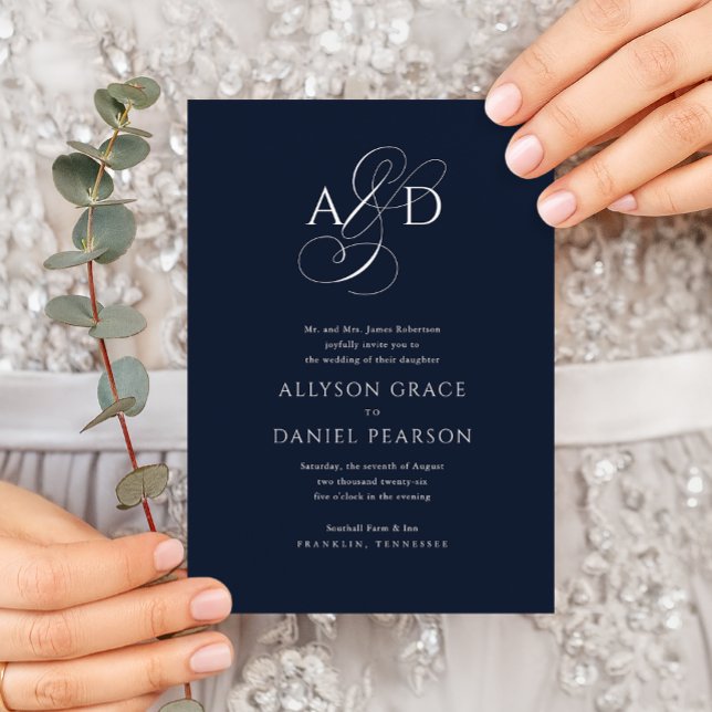Invitation Élégant script initial Monogramme Mariage bleu mar (Créateur téléchargé)
