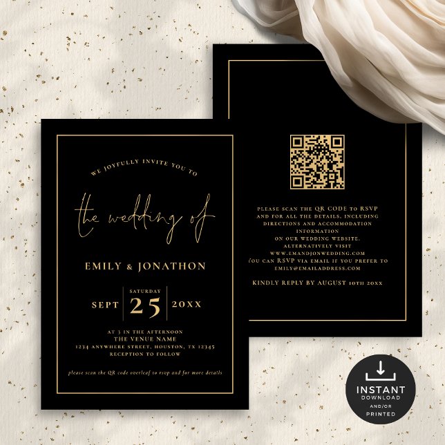 Invitation Élégant Script Line QR Code Black Gold Mariage (Front and back view)