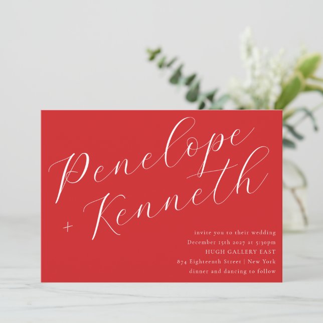 Invitation Élégant Script Mariage de Noël rouge élégant (Debout devant)