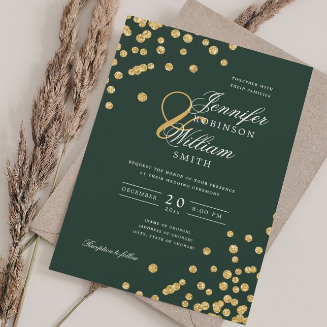Invitation Élégant Script Mariage Gold Confetti Emerald Green (Elegant Script Wedding Gold Confetti Emerald Green Invitation)