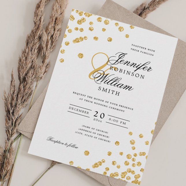 Invitation Élégant Script Mariage Gold Confetti QR RSVP (Elegant Script Wedding Gold Confetti QR RSVP Invitation)