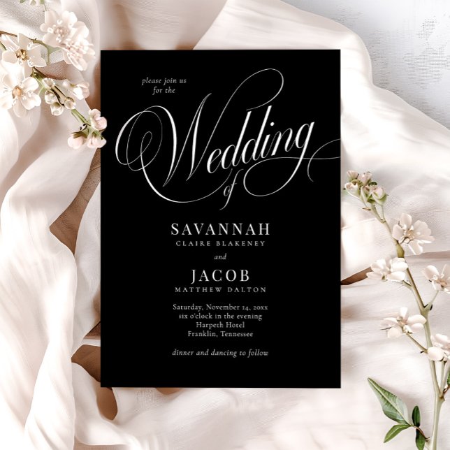 Invitation Élégant script Mariage noir et blanc (Créateur téléchargé)