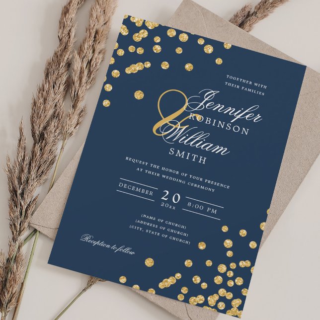 Invitation Élégant Script Mariage Parties scintillant or Conf (Elegant Script Wedding Gold Glitter Confetti Navy Invitation)