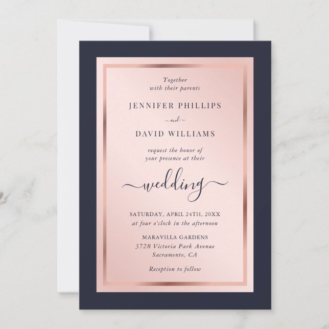 Invitation Élégant Script Marine Blue Blush Rose Mariage or (Devant)