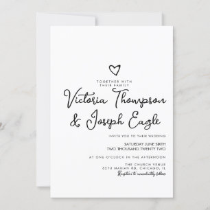 Invitation Élégant script moderne Coeur noir blanc Mariage