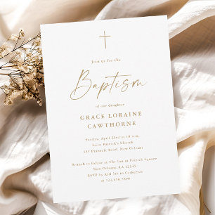 Invitation Élégant Script moderne Gold Cross Baptême