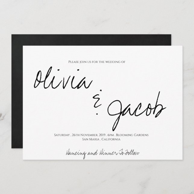 Invitation Élégant script moderne Mariage noir & blanc (Devant / Derrière)