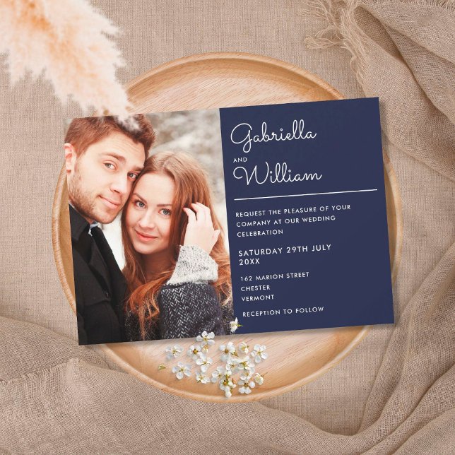 Invitation Élégant script moderne Mariage photo bleu marine (Créateur téléchargé)