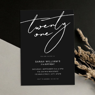 Invitation Élégant Script moderne Noir 21e fête d'anniversair