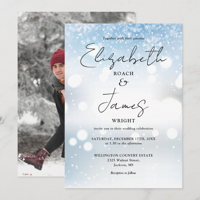 Invitation Élégant script moderne photo Neige hiver mariage (Devant / Derrière)