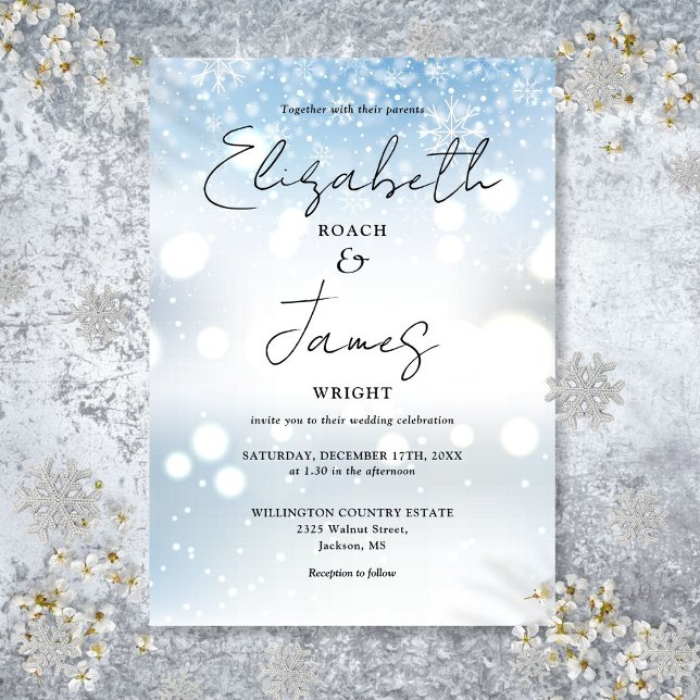 Invitation Élégant script moderne Snowflakes Mariage d'hiver (Modern Elegant Script Snowflakes Winter Wedding Invitation)