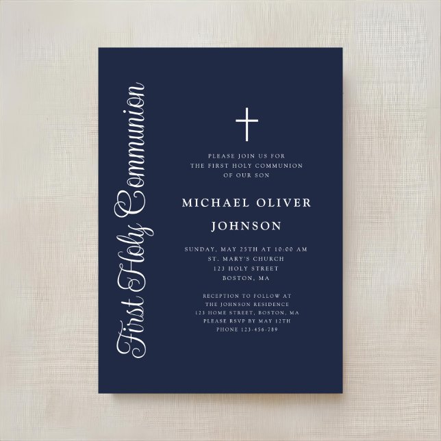 Invitation Elegant Script Navy Blue Boy First Communion (Créateur téléchargé)